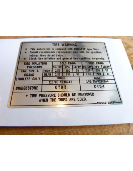 Sticker pression pneu GSXR 750/1100