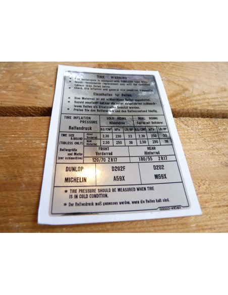 Sticker pression pneu GSXR 750/1100